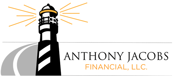 graphic of a black and white lighthouse with yellow lines to show the light shining out, words Anthony Jacobs Financial, LLC on lower right